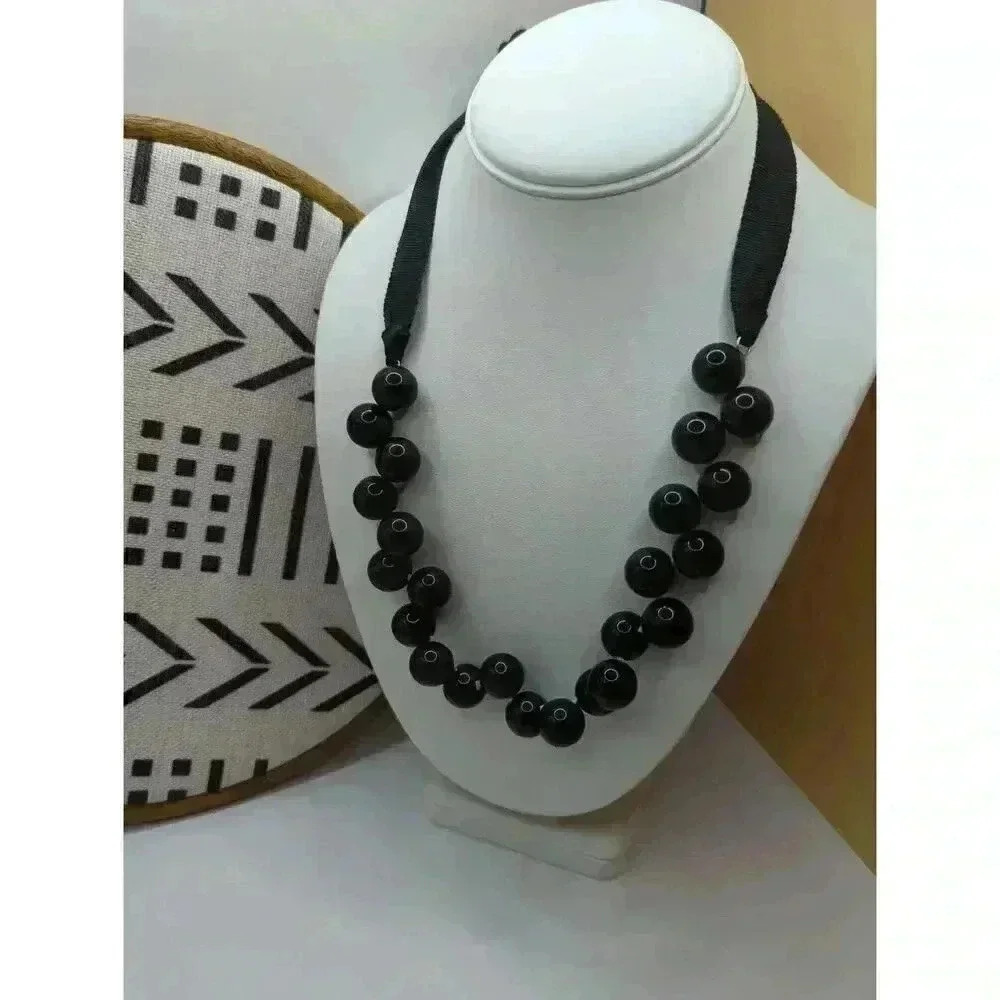 J Crew Black Beaded Necklace 20 Inch Ribbon Chain Sensitive Skin Friendly - Picture 2 of 4